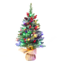 Artificial Christmas Tree with Lights, LED Lights 60 CM Pre-decorated Tree Flocked Tabletop Xmas Tree with Battery Operated Lights Pine Cones Red Berr
