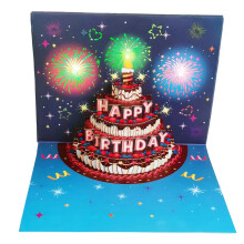 Happy Birthday Song Greeting Card with 3D Pop-Up Cake, Musical Birthday Card Featuring Blowable LED Candle and Colorful Fireworks Lights, Interactive