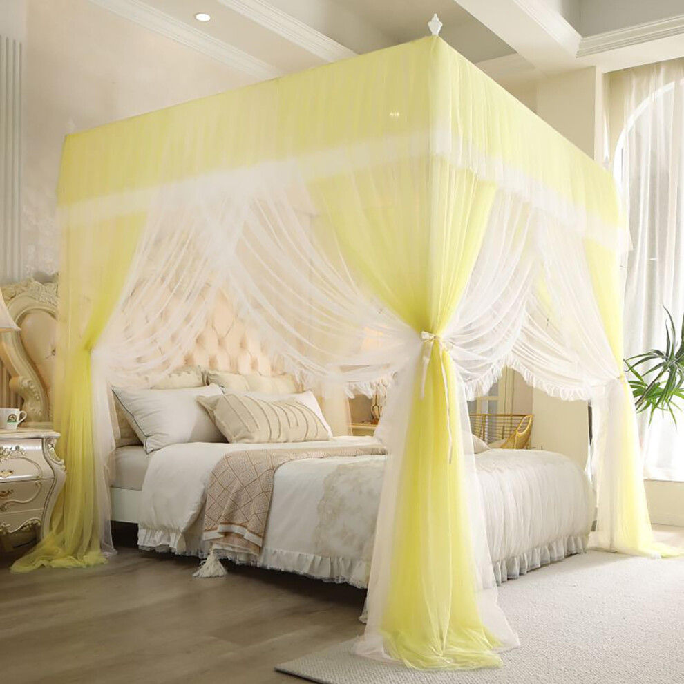 Double Layer Mosquito Net For Princess Bed Canopy, 4 Corner Post, Curtains, 150X200x210cm, Fits Twin To King Yellow