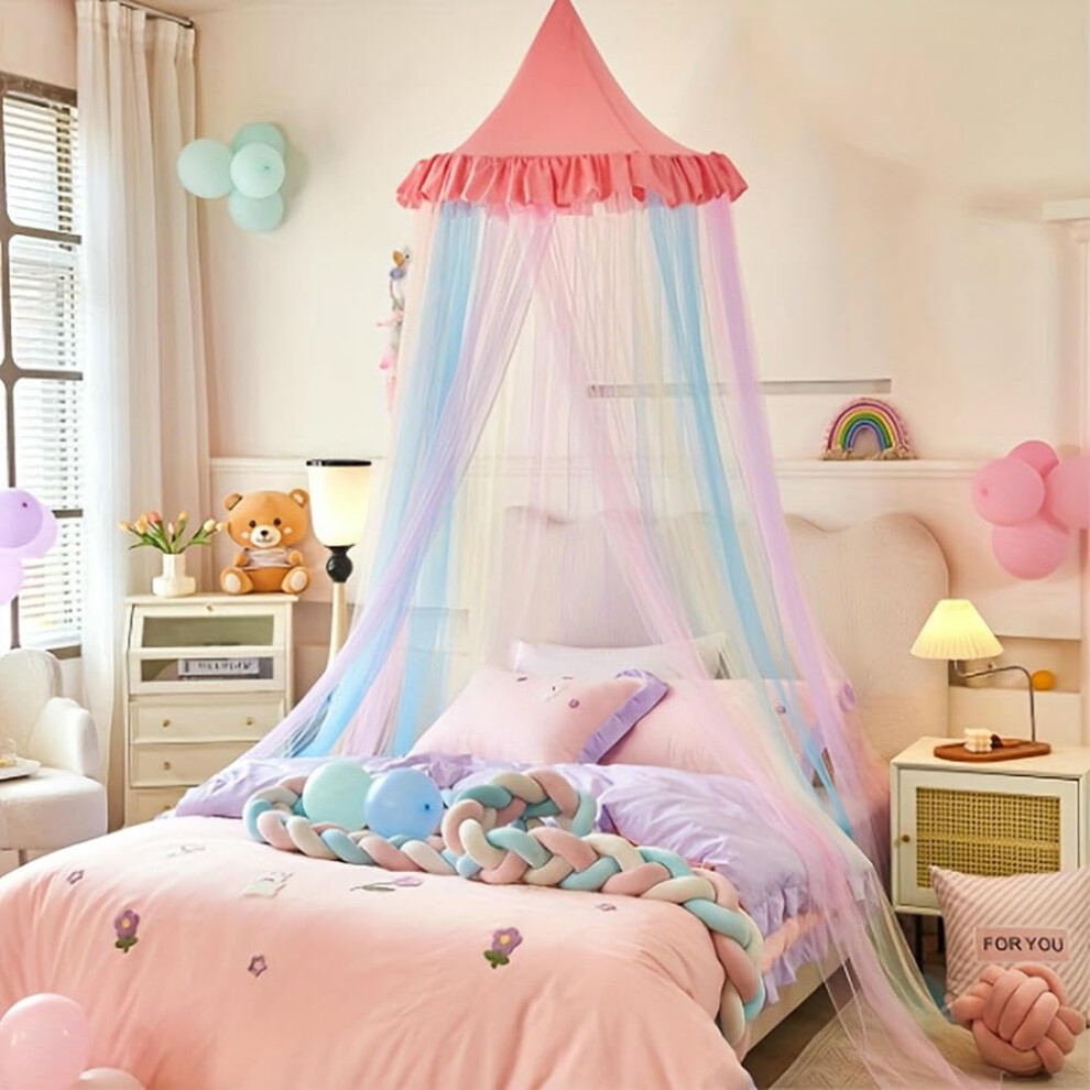 Rainbow Canopy Mosquito Net Easyinstall Easysetup Bedroom Canopy Fluffy Rainbow Netting Dark/Pink