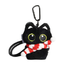 Porte-clés en peluche chat noir-Écharpe rouge et blanche