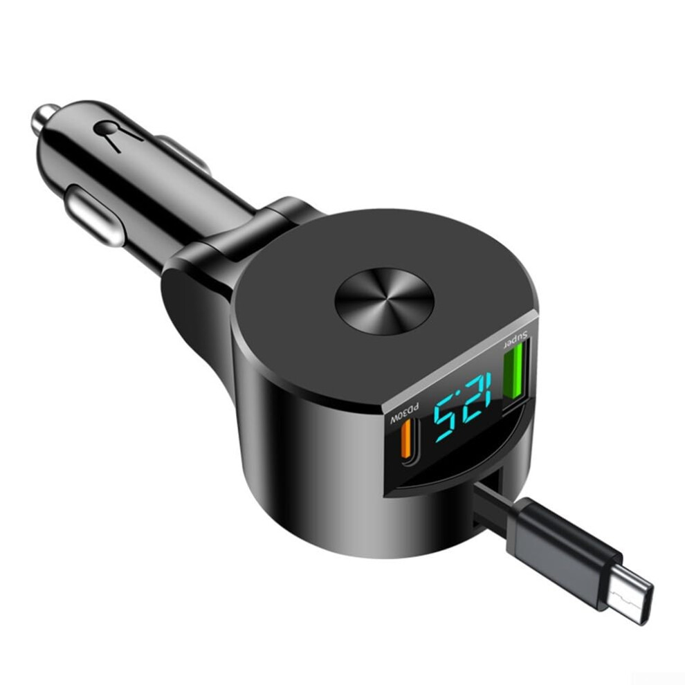 Digital Display Car Charger Pd30w 66W Output With Retractable Cable Dual Usb Ports For Fast Charging 9323874259444