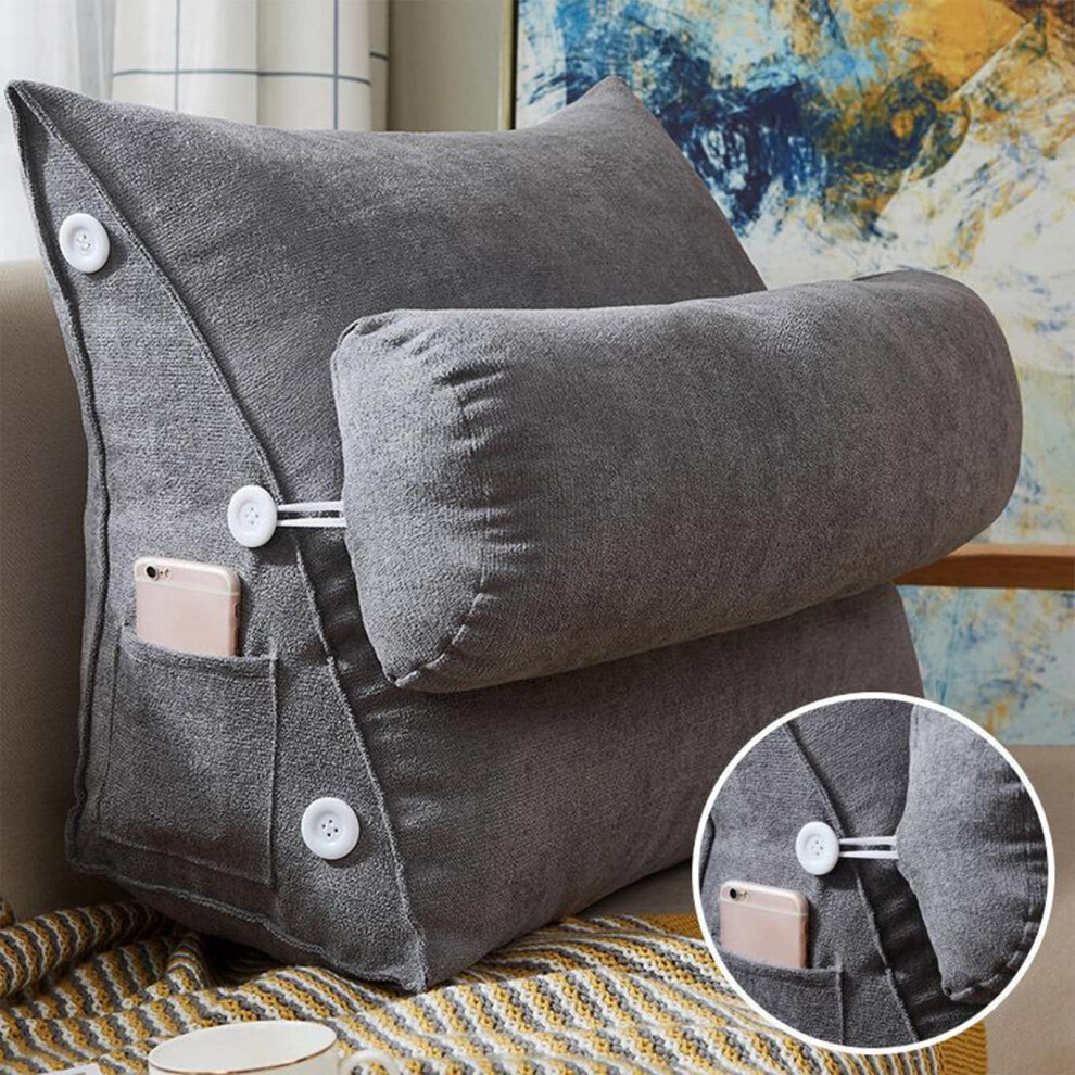 Grey Bed Rest Reading Pillow Ergonomic Wedge Back Cushion With Detachable Neck Roll 60X50x22 Cm For Sitting Up In Bed