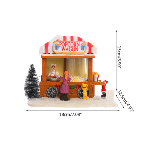 Maison éclairée par LED de Noël en résine, wagon à pop-corn, 2