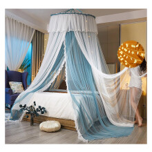 Mosquito Net Bed Canopy With Lights For Princess Bed Netting Double Layer Round Dome Blue Bedroom Curtains