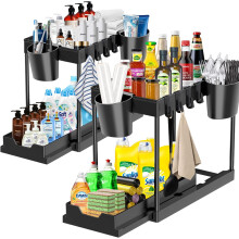 Organizator sub chiuvetă pentru bucătărie și baie multifuncționale, material ABS rezistent și robust, cu coș glisant ușor de instalat (set de