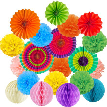 Kits de décoration de fête, fleurs en papier de soie pour une décoration créative, comprenant 9 pompons de 25 cm, 6 éventails en papier à