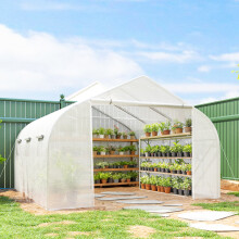 Outsunny Walk-In Polytunnel Greenhouse w/ Roll Up Door Windows, 4.5x3x2 m White