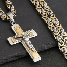 Collier pendentif croix de Jésus, longue chaîne byzantine, en acier inoxydable, pour homme, bijou religieux, 65 cm (26 pouces), or et argent.