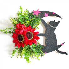 100% New Artificial Wreath 30cm Black Cat Stares at the Moon Decor Hanging Wallred