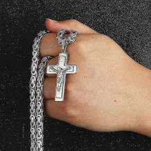 Jesus Cross Long Byzantine Chain Stainless Steel Necklaces Pendants For Men Christian Crucifix Necklace Religious Jewelry Colar70cm 28inchGold