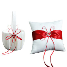 Wedding Set For Flower Girl, Satin Fabric Rhinestone Decor Basket And Ring Pillow, 2pcs