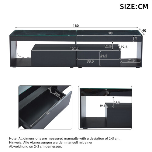 180cm High-Gloss Black LED TV Stand, 2 Drawers 1