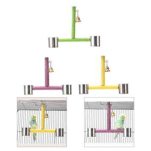 Parrot Bird Cage Perch Training Stand with Steel Feeding-Yellow 2
