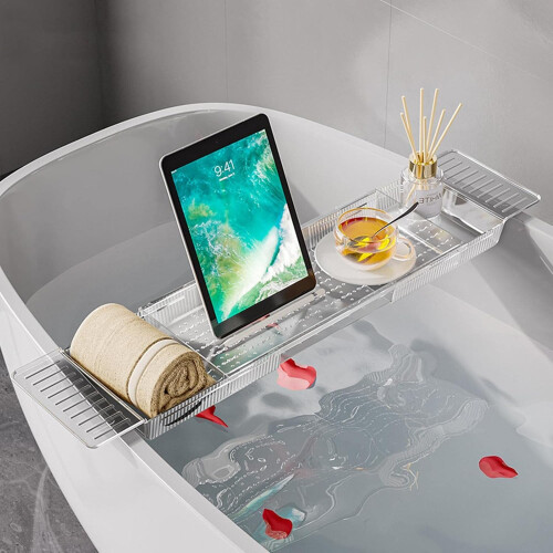 PET Bathtub Tray, Clear Bath Caddy Function-Oriented Design for Spacious Baths – Retractable Waterproof Caddy with Minimalist Aesthetic – Simple 1