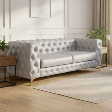 3 Seater Sofa (Silver Plush Velvet) Monaco Chesterfield Sofa Set Hand Tufted, Deep Cushions, Premium Upholstery, Statement Piece for Any Living Room