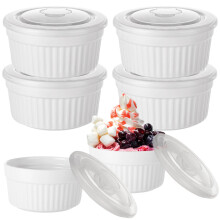 Porcelain Ramekins With Lids 6 Pack 250ml / 8.8oz, 10cm White Ceramic Creme Brulee Dishes For Custards, 2Cm Height