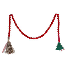 Multi-purpose Xmas Decor, Farmhouse Christmas Garland For Rustic Holiday Ornament, Red And Green Natural Wood & Linen Garland, Wood Bead Tassel Decor
