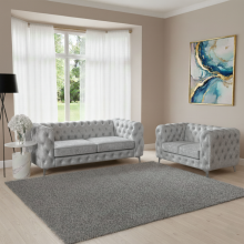3+2 Seater Sofa (Silver Plush Velvet) Monaco Chesterfield Sofa Hand Tufted, Deep Cushions, Premium Upholstery, Statement Piece for Any Living Room