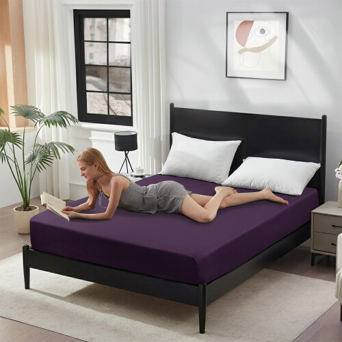( Plum, Single) 2 Pack Waterproof Mattress Protector-30cm Deep Elastic Fitted Sheet 2