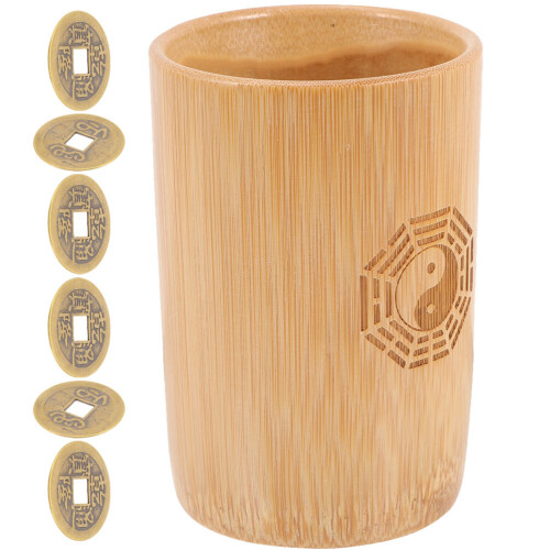 Set Chinese Divination Copper Coin Bamboo Bucket Fortune Telling