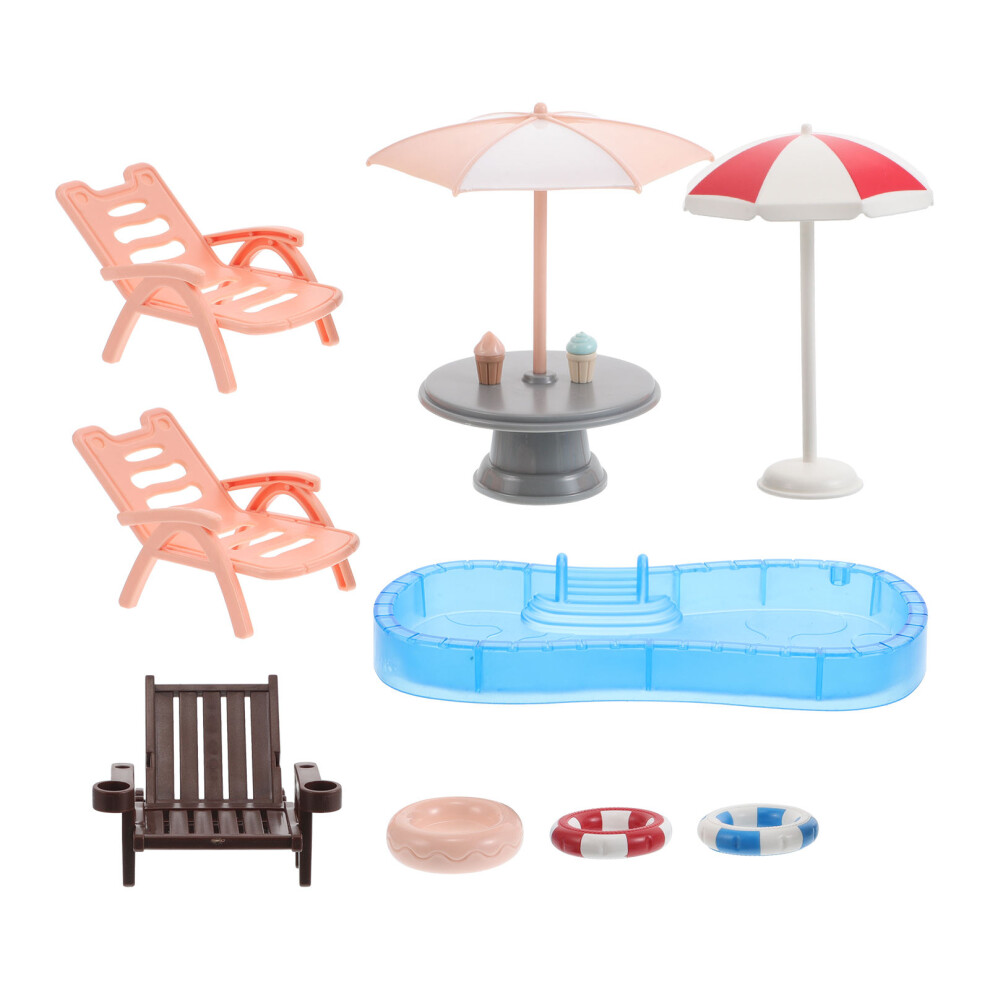 Photos - Doll Accessories Miniature Dollhouse Beach Set With Pool, Swim Ring, Parasol, Chair
