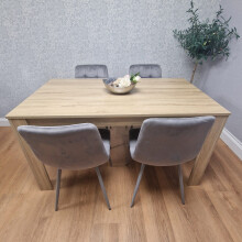 Dining Set Of Wooden Oak Table And 4 Tufted Velvet Grey Chairs