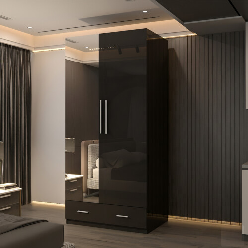 (Black, 90cm) 2 Door High Gloss Mirrored Wardrobe 1