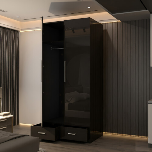 (Black, 90cm) 2 Door High Gloss Mirrored Wardrobe 2