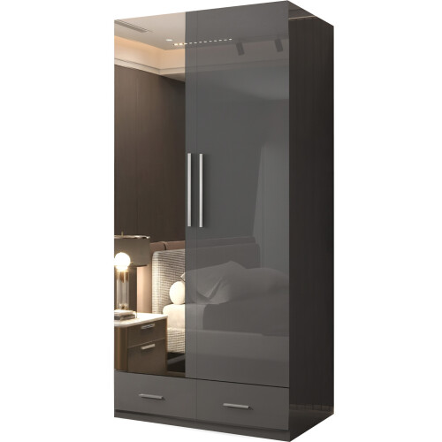 (Grey, 90cm) 2 Door High Gloss Mirrored Wardrobe