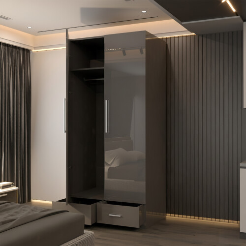 (Grey, 90cm) 2 Door High Gloss Mirrored Wardrobe 2