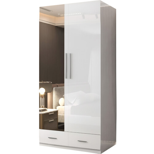 (White, 90cm) 2 Door High Gloss Mirrored Wardrobe