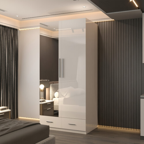 (White, 90cm) 2 Door High Gloss Mirrored Wardrobe 1