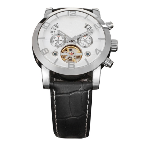 Men Automatic Mechanical Wrist Watch With Pu Band (Silver+White)