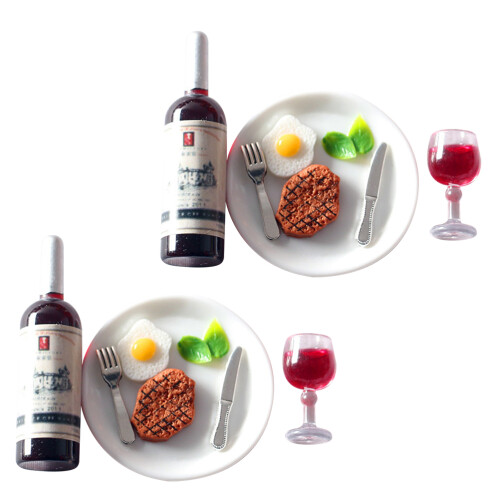 2 Conjuntos Miniatura Comida Vinho Acessório Decoração