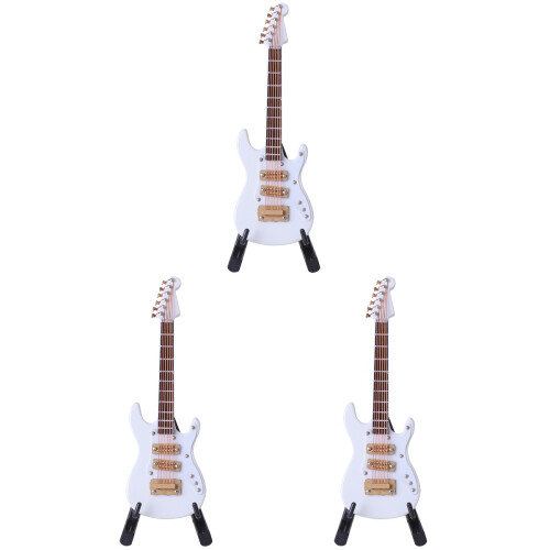 3Pcs Mini Guitarra Elétrica Branca 10Cm com e Suporte Preto 1