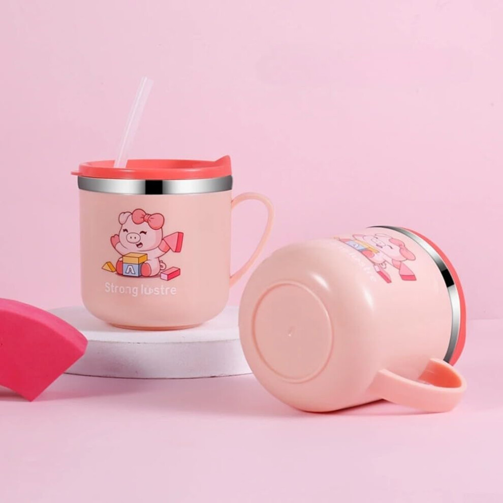 Portable 250Ml Children's Straw Cup With Double Layer Stainless Steel, Measurement Scale, Pink