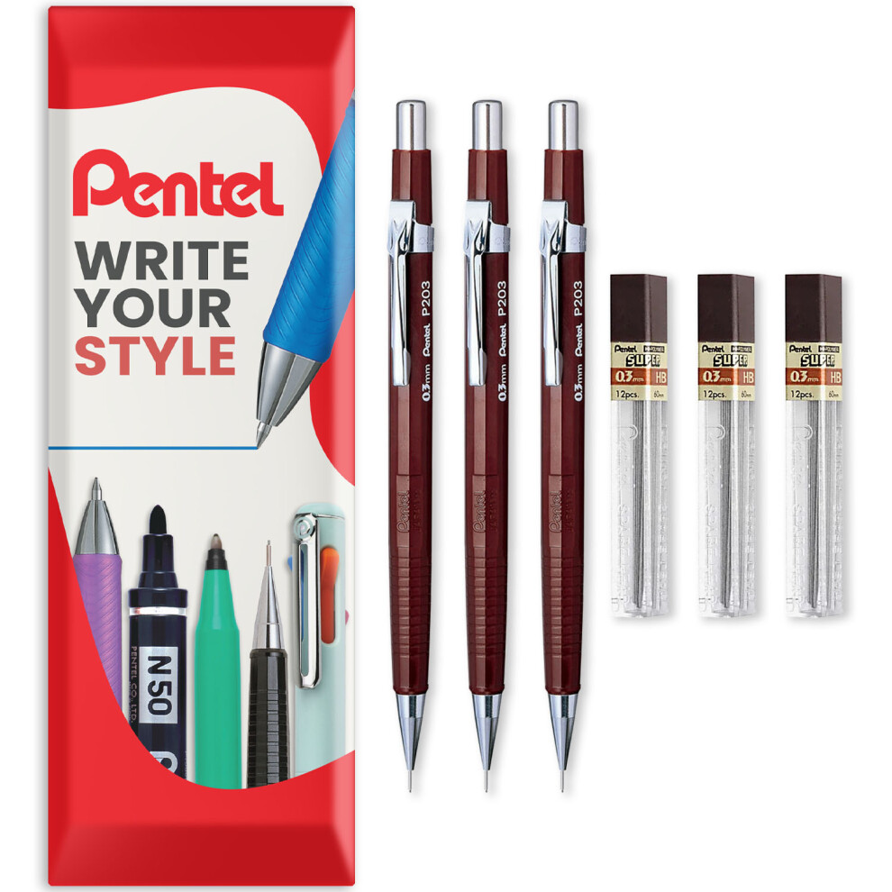 Pentel (0.3Mm) P200 Automatic Mechanical Pencils - Hb Lead - With Refills - Pack Of 6