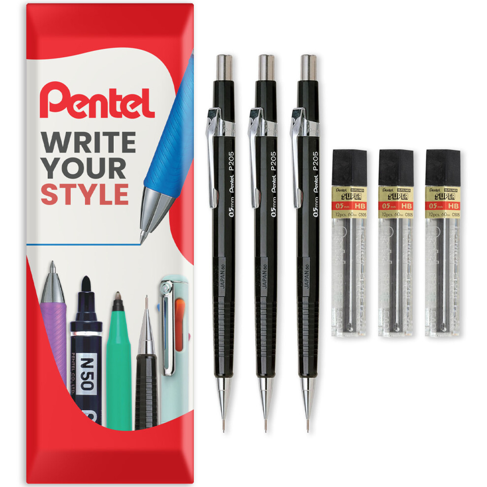 Pentel (0.5Mm) P200 Automatic Mechanical Pencils - Hb Lead - With Refills - Pack Of 6