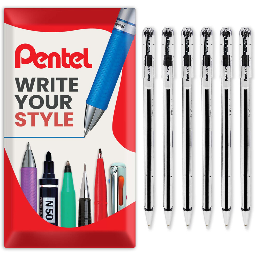 Pentel (Black) Bk77 Superb Ballpoint Pens - 0.7Mm - Pack Of 6 In Pillow Packaging