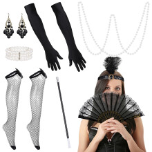 1 Set Flapper Huvudband Pärlhalsband Långa Handskar Silkstrumpor