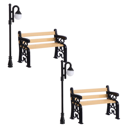6 Set 4Pcs Miniparkbänkar Och Gatlampor
