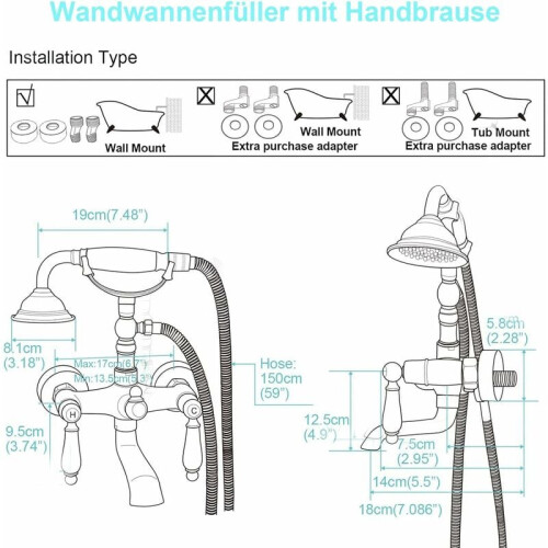 Βρύση μπανιέρας vintage στυλ με ψεκαστήρα, αντίκα ορείχαλκο φινίρισμα υψηλής 2