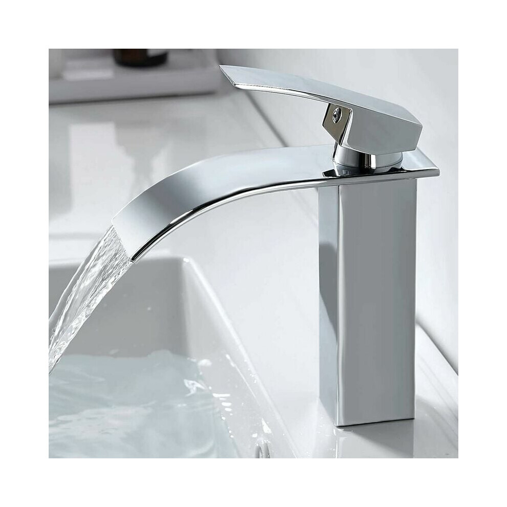 Single Handle Waterfall Spout Bathroom Faucet, Chrome Finish With Flexible Hoses And Anti-Fingerprint Surface For Modern Design Bathroom Vanity Area 9061222316936
