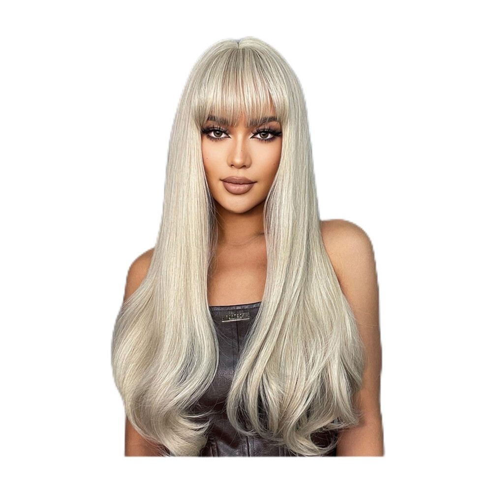 Unisex White Naturallooking Light Ash Blonde Cosplay Wigs With Bangs Long Loose Wave Heatresistant Synthetic Wigs For Women