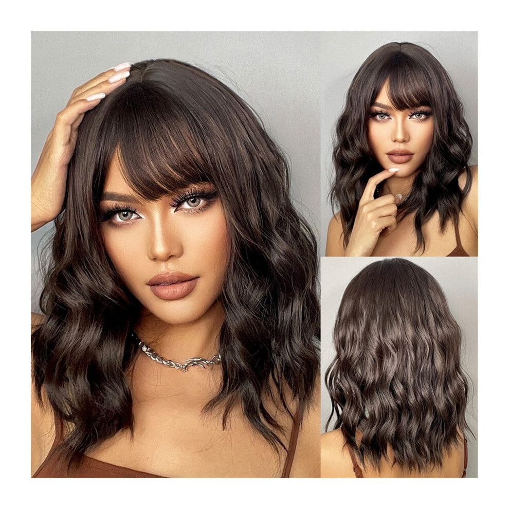 Unisex Brown Wigs Wavy Bob Wig With Bangs For Women, Shoulder Length, Medium Dark Synthetic Wig