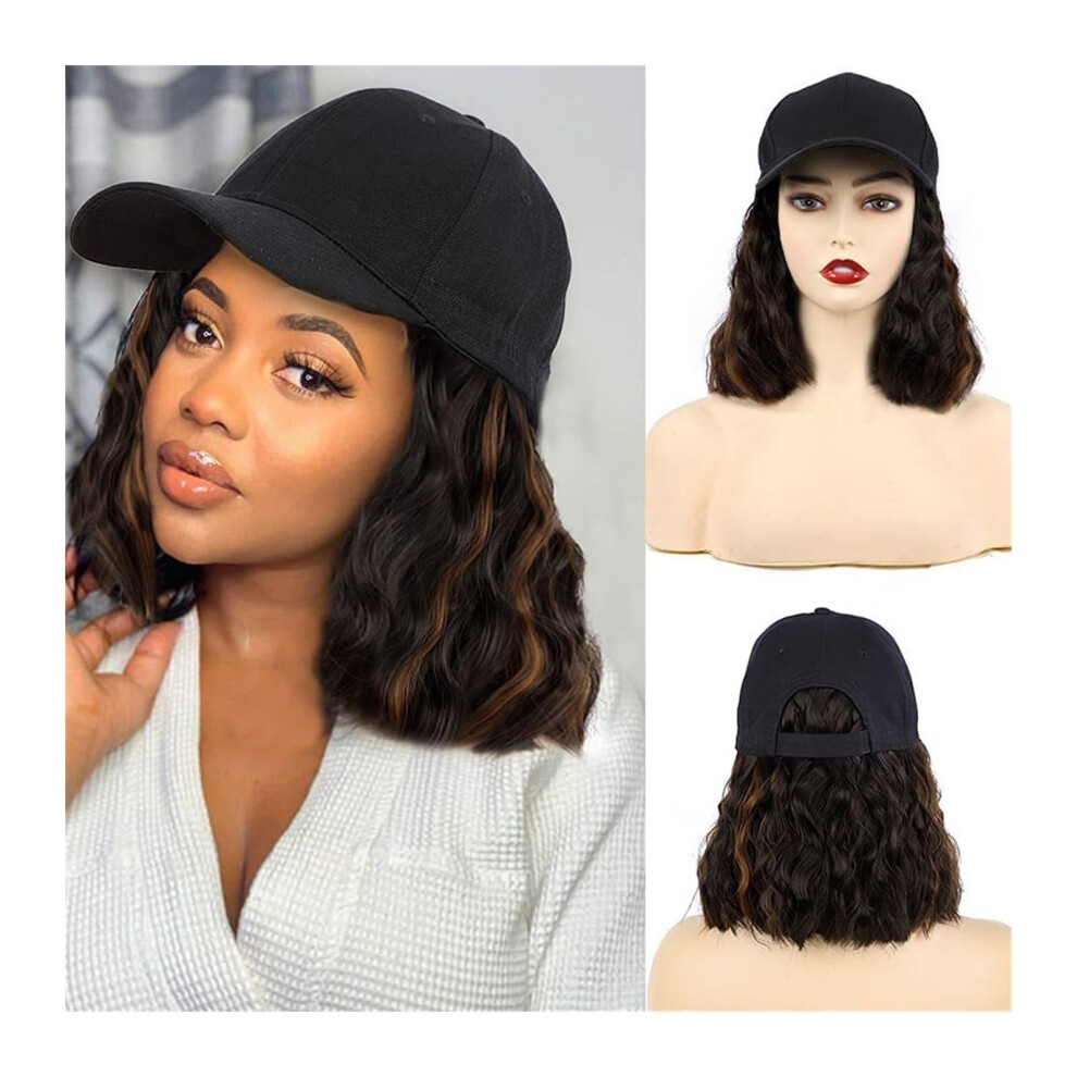Cap with Hair Attached for Women Short Wavy Bob Synthetic Wig  Temp Fiber Water Wave Extensions Baseball Cap Color 8