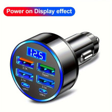 (Black) Car Fast Charging 2 PD with 4 USB Digital Display Car Fast 6-in-1 Mobile Phone Charging 7A QC3.0 Car Phone Adapter Car