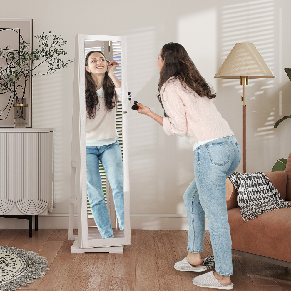 Homcom Jewelry Cabinet Full Length Mirror Swivel Lockable Jewelry Organizer White