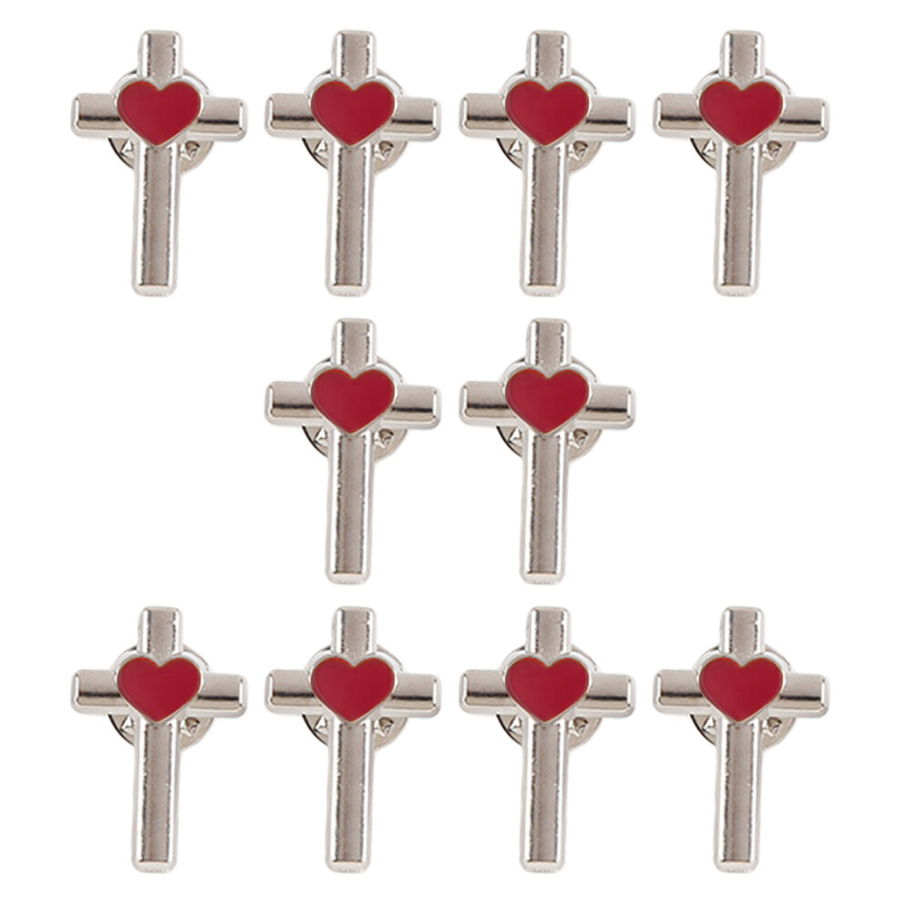 Pack of 10 Enamel Crosses Heart Pin with Secure Clasp-Silver